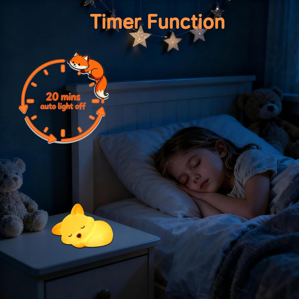 Led Cute Fox Night Light, 2 Levels Dimmable Timer Nursery Nightlight for Kids, Rechargeable Touch Bedside Lamp, Used for Camping Party…