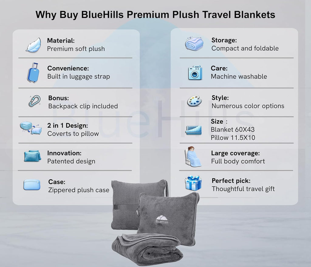 BlueHills 2-Pack Premium Soft Travel Blanket Pillow Airplane Blanket in Soft Bag Pillowcase with Hand Luggage Belt and Backpack Clip…