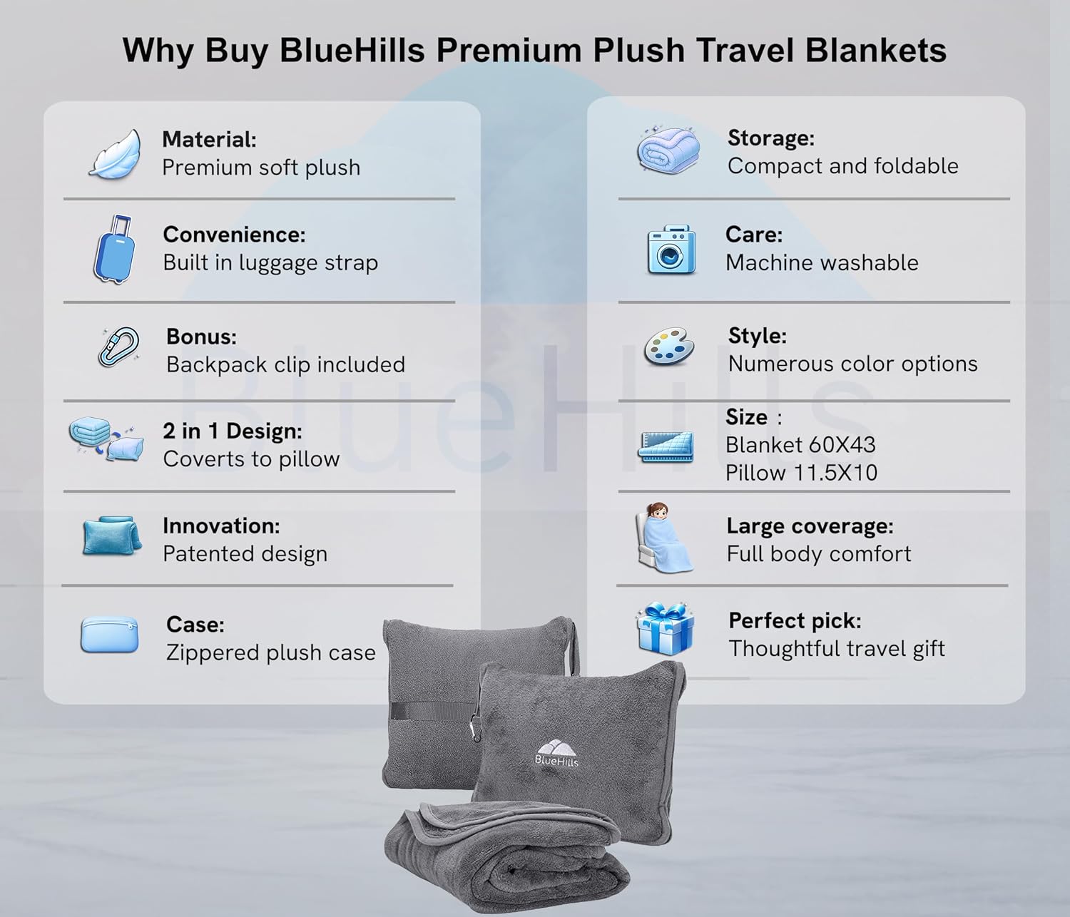 BlueHills 2-Pack Premium Soft Travel Blanket Pillow Airplane Blanket in Soft Bag Pillowcase with Hand Luggage Belt and Backpack Clip…