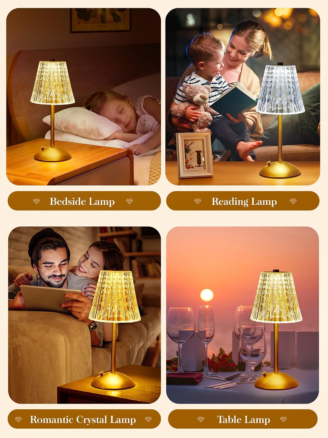 Upgraded Nightstand Lamps Set of 2, 3 Colors Dimmable Crystal Table Lamp Gold Lamp, Touch Lamp Bedroom Lamps, Rechargeable Small Lamp…