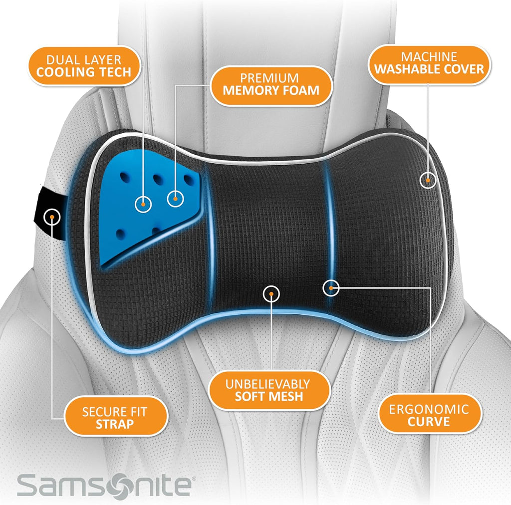 SAMSONITE, Infused-Gel Car Neck Pillow with Airflow Memory Foam, Headrest Support Cushion for Driving, Universal - Fits Any Vehicle…