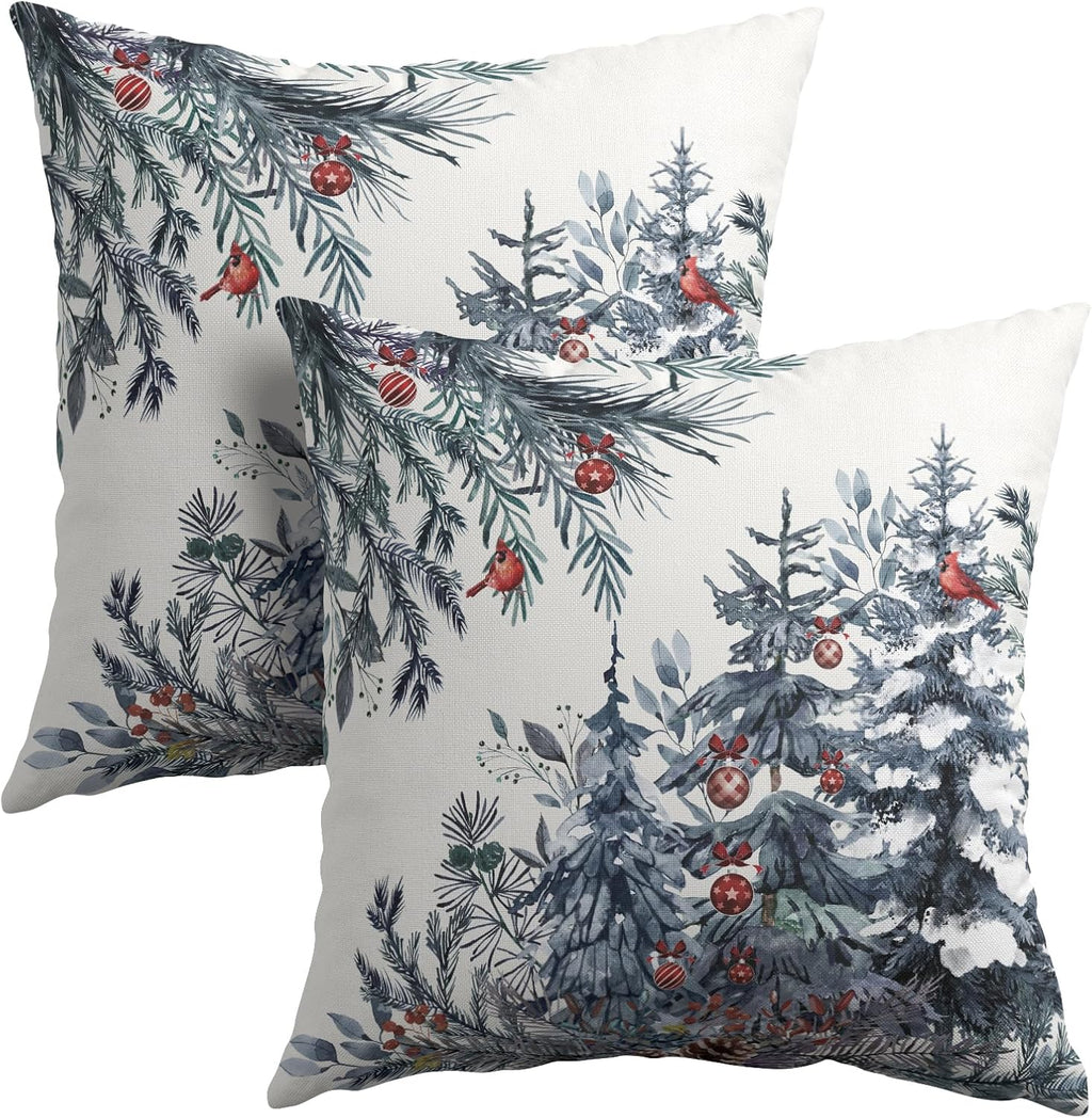Granbey Christmas Tree Throw Pillow Covers 24x24 Inch Set of 2 Winter Watercolor Blue Grey Pine Trees Berry Bells Birds Decorative Pillowca…