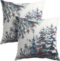 Granbey Christmas Tree Throw Pillow Covers 24x24 Inch Set of 2 Winter Watercolor Blue Grey Pine Trees Berry Bells Birds Decorative Pillowca…