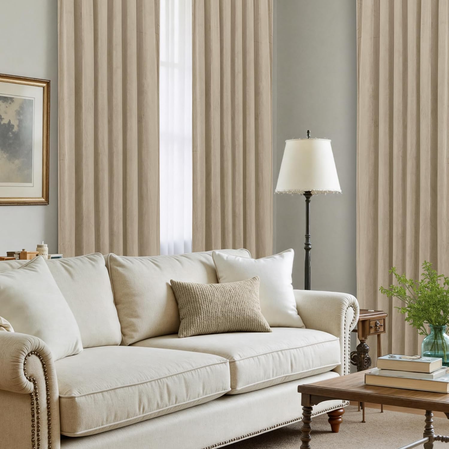 Lamit Taupe Velvet Curtains 120 Inch for Living Room, Thick Thermal Insulated Room Darkening Drapes Super Soft Elegant Back Tab and Rod Poc…