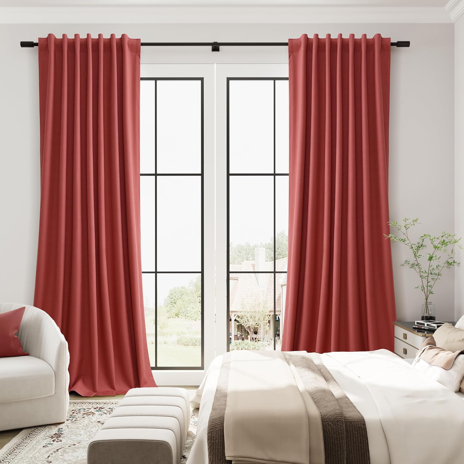 Guken Red Linen 100% Blackout Curtains 102 Inch Long for Bedroom 2 Panels Textured Farmhouse Room Darkening Back Tab Curtains Hooks Thermal…