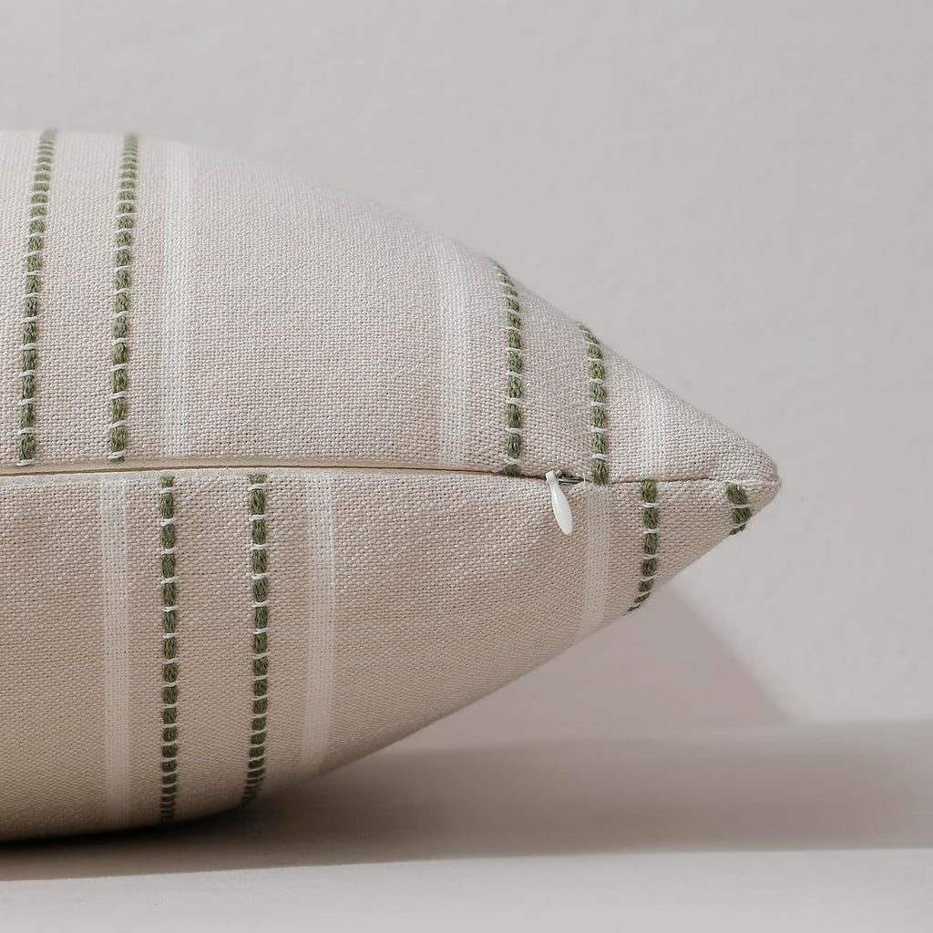 Hckot Spring Decorative Pillow Covers 18x18 Striped Throw Pillows Textured Linen Green Pillow Covers Farmhouse Decor Cushion Covers for…