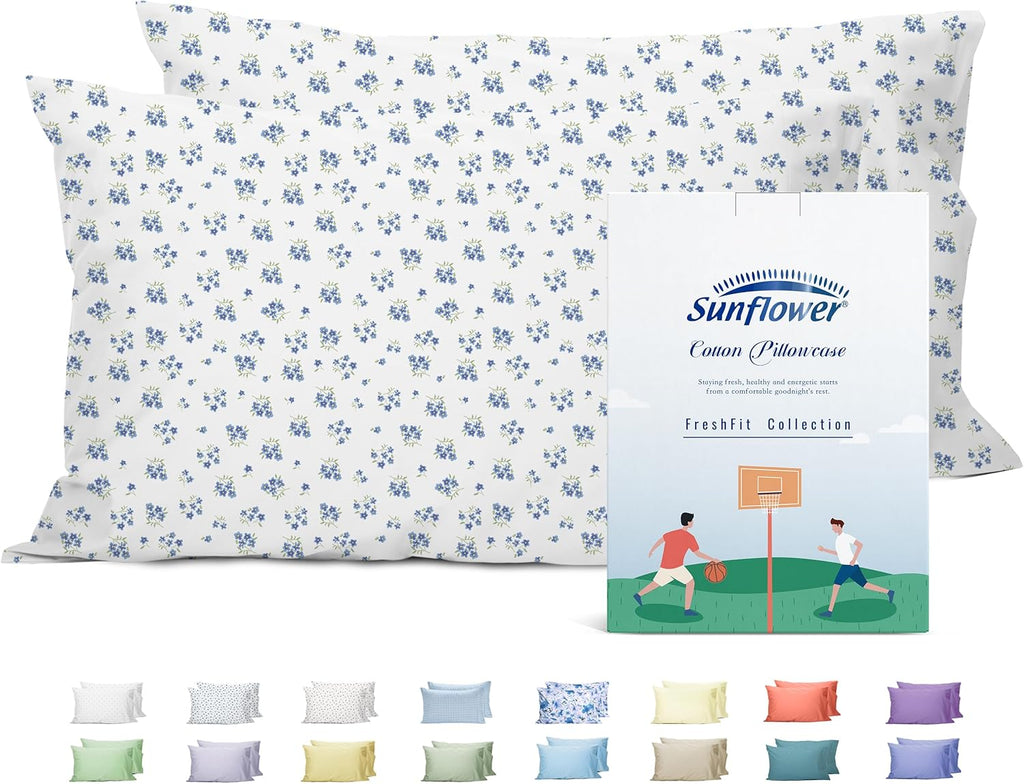 Sunflower King Pillowcases Set of 2, 100% Cotton King Size Pillow Cases 2, 20×40 inches Blue Posy, Soft and Breathable