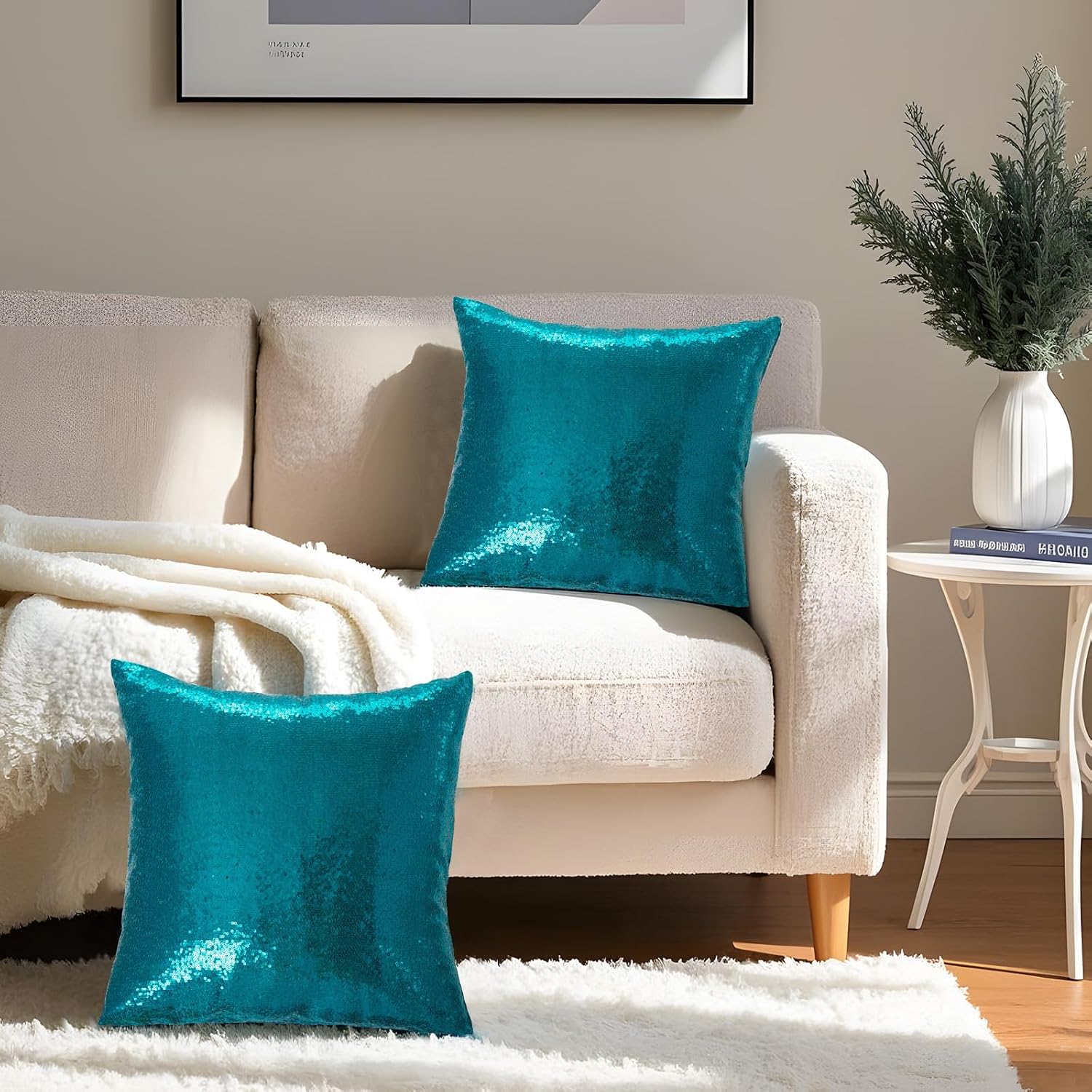 Eternal Beauty Set of 2 Sequin Decorative Pillow Cover Teal Throw Pillow Covers for Couch Throw Pillows 18 X 18 Inches