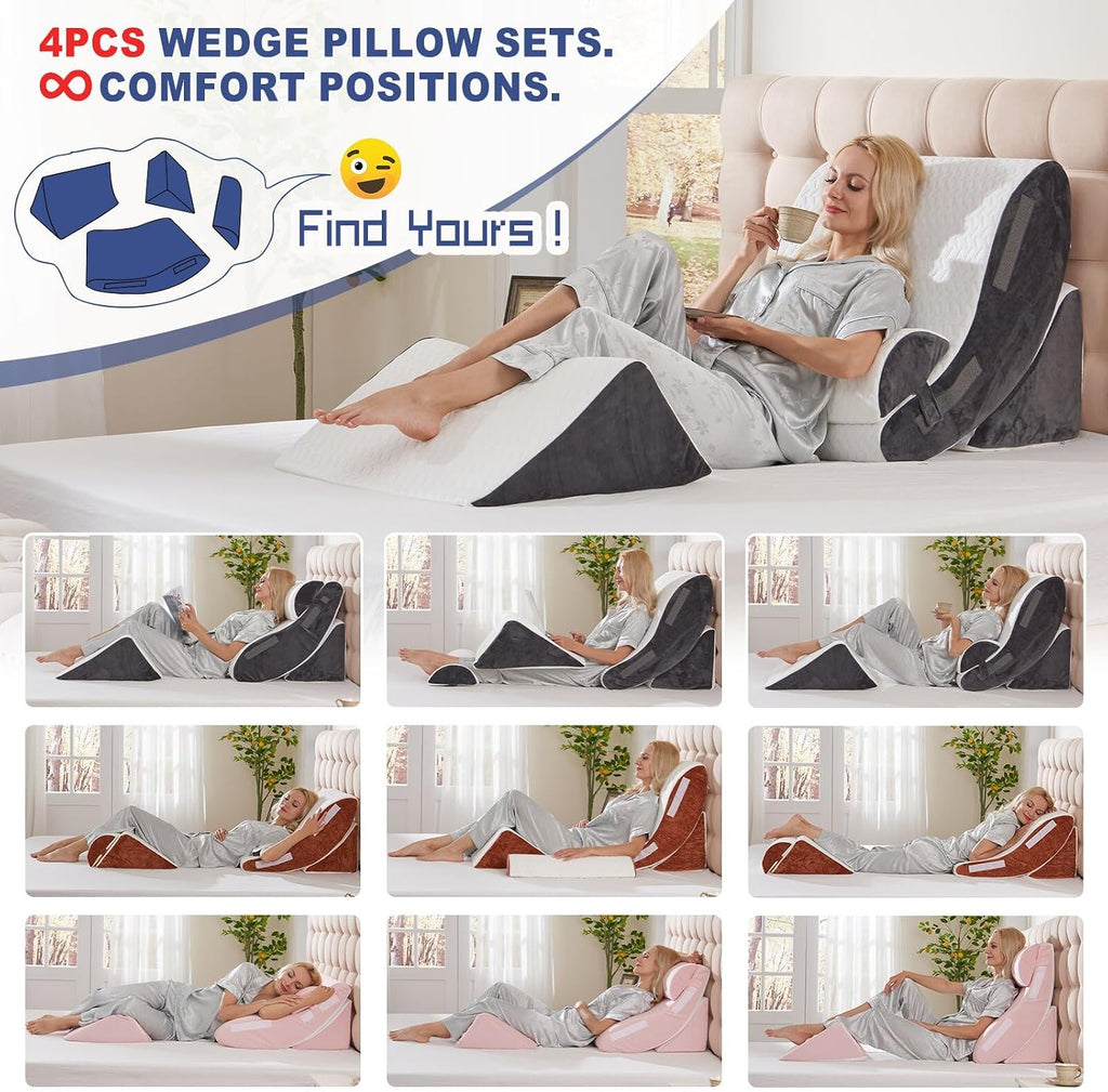 Wsofrlac 4PCS Orthopedic Bed Wedge Pillow Set for Sleeping, Post Surgery Foam Support Pillows for Back, Neck and Leg, Adjustable Triangle…