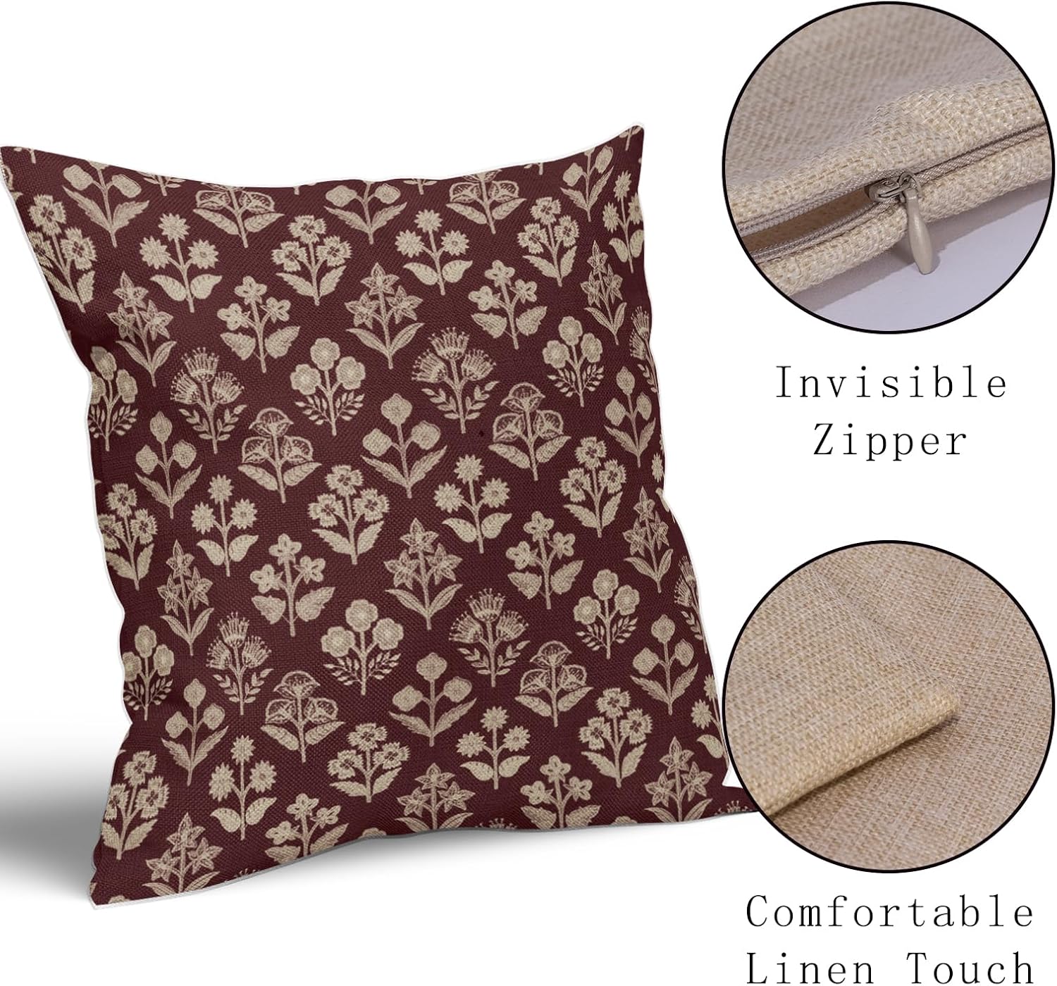 Burgundy Red Floral Block Print Pillow Covers 20x20 Inch Set of 2, Vintage Flower Pattern Decorative Throw Pillowcases Outdoor Farmhouse…