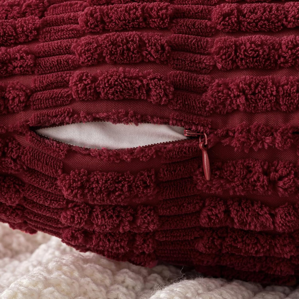 Miulee Pack of 2 Burgundy Corduroy Decorative Pillow Covers 18x18 Inch Soft Boho Striped Throw Pillow Covers Modern Farmhouse Home Decor fo…