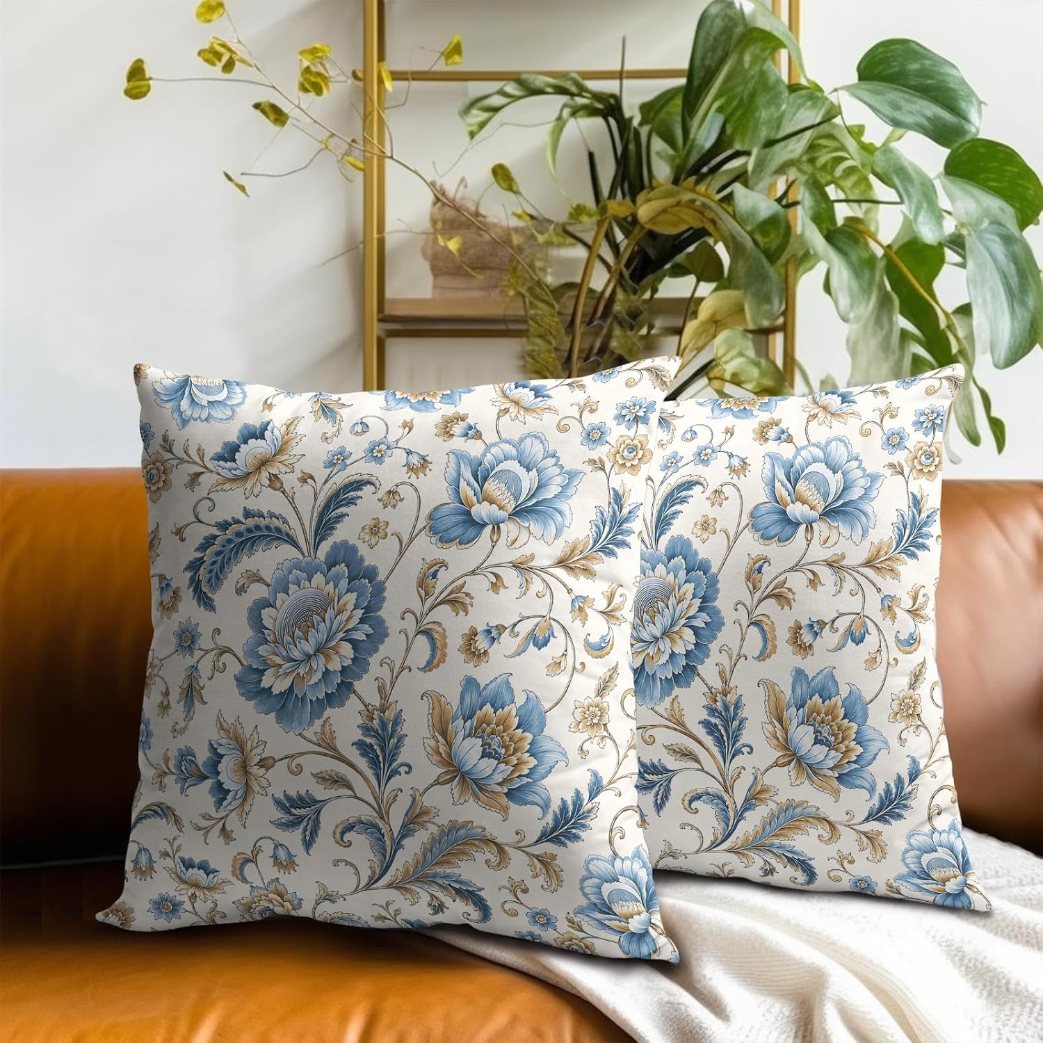 Blue Flowers Chinoiserie Print Throw Pillow Covers 22x22 Inch Set of 2 Vintage Floral Boho Cottage Spring Fall Decor Cushion Cover…