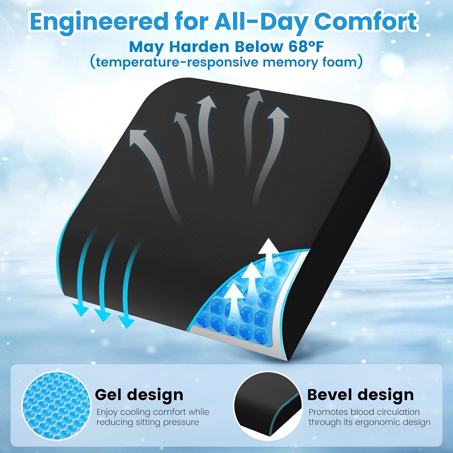 Wheelchair Seat Cushion for Pressure Relief, Cooling Gel Memory Foam Chair Cushion with Slope-Edge Design, Coccyx Support for Tailbone…
