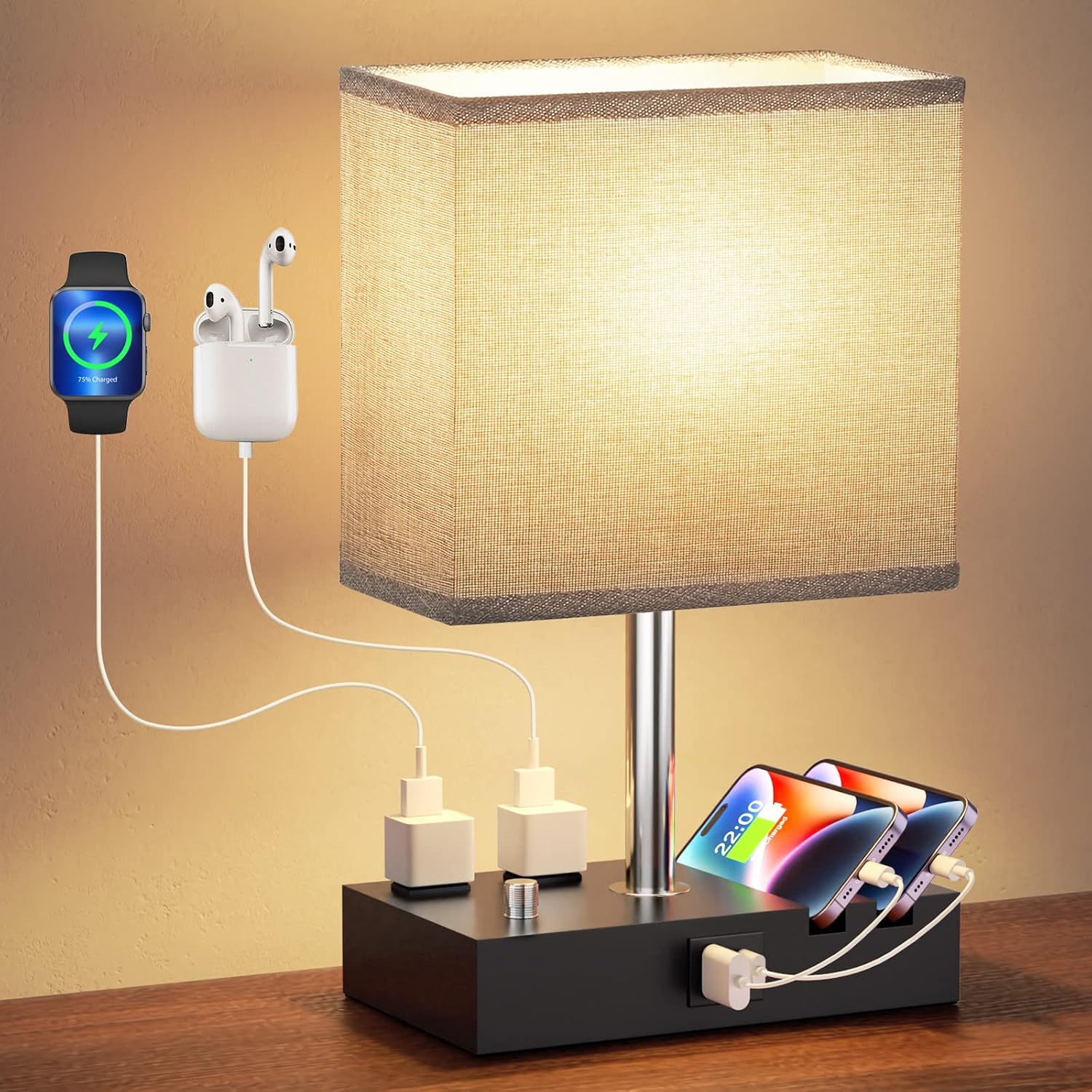 Kakanuo Fully Dimmable Nightstand Lamp for Bedroom with USB C Ports, Grey Small Bedside Table Lamp with Charging Outlets and Phone…
