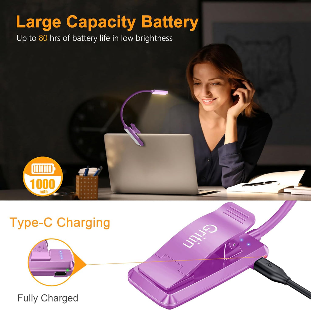 Gritin 9 LED Rechargeable Book Light for Reading in Bed - Eye Caring 3 Color Temperatures, Stepless Dimming Brightness,80 Hrs Runtime…