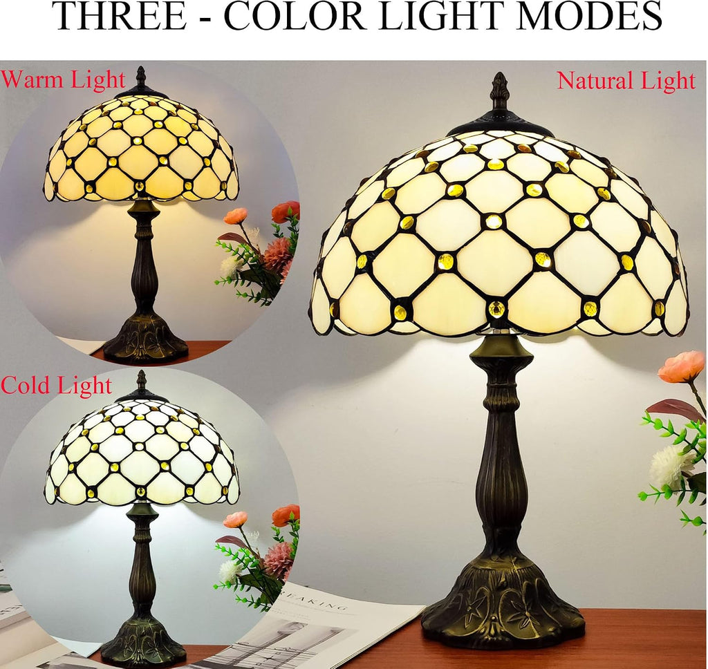 Tiffany Lamp Stained Glass Table Lamp - Antique Bedside Desk Reading Light With 3-Way Color LED - Living Room Nightstand 12X12X19 Inches…