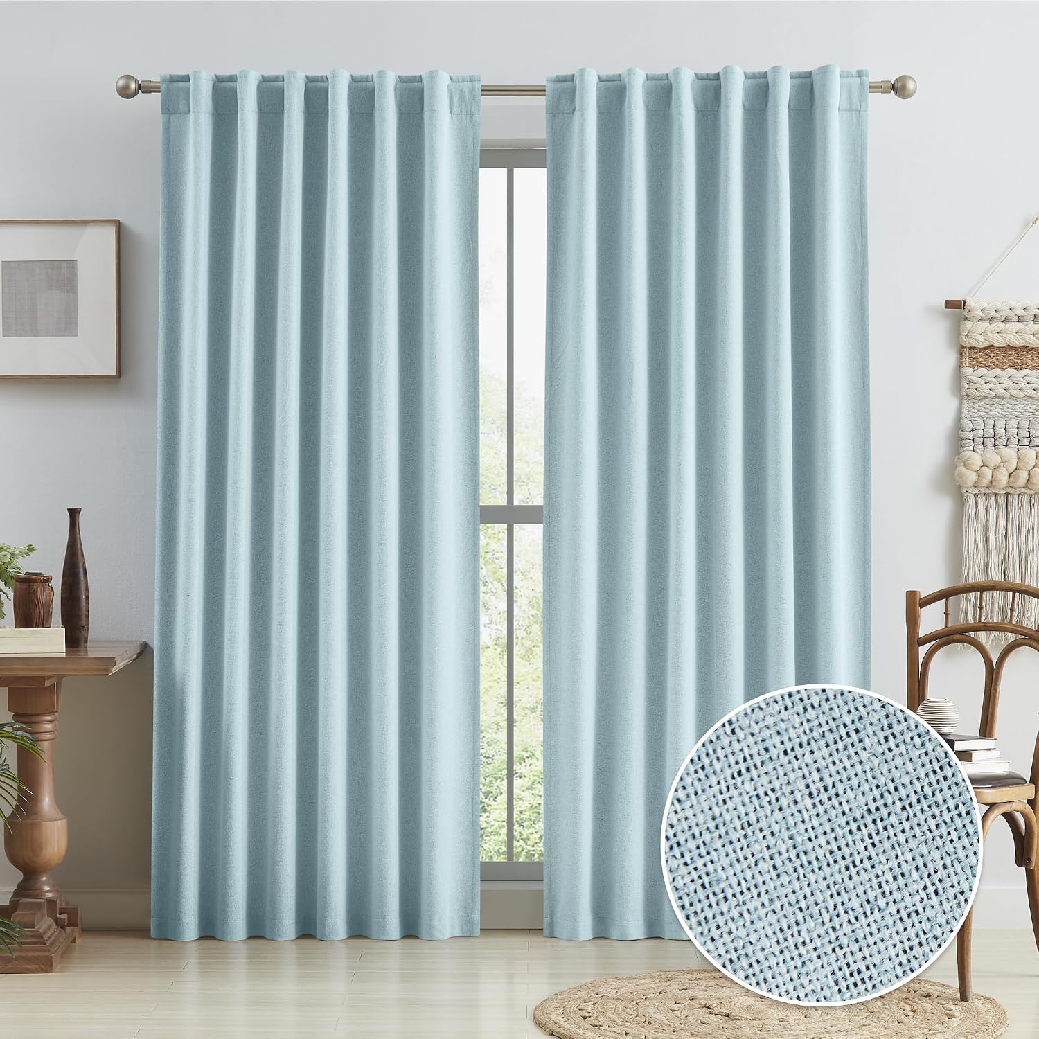 Keqiaosuocai Blackout Linen Curtain Panels, Totally Shaded Draperies 84 Inches Long for Dining Room, Soundproof Privacy Window Drapes for P…