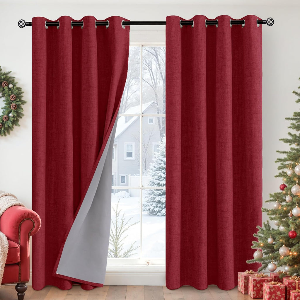 YoungsTex Burgundy Linen Blackout Curtains for Bedroom 84 Inch Length, Thermal Insulated Black Out Drapes with Grommet for Living Room Wind…