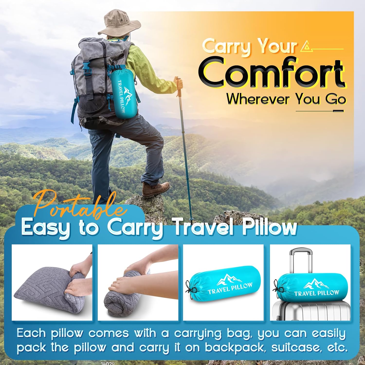 1 MIDDLE ONE Travel Pillow for Sleeping Camping, Memory Foam Small Pillow with Breathable Cover for Backpacking, Airplane, Car (15.5 X 12…