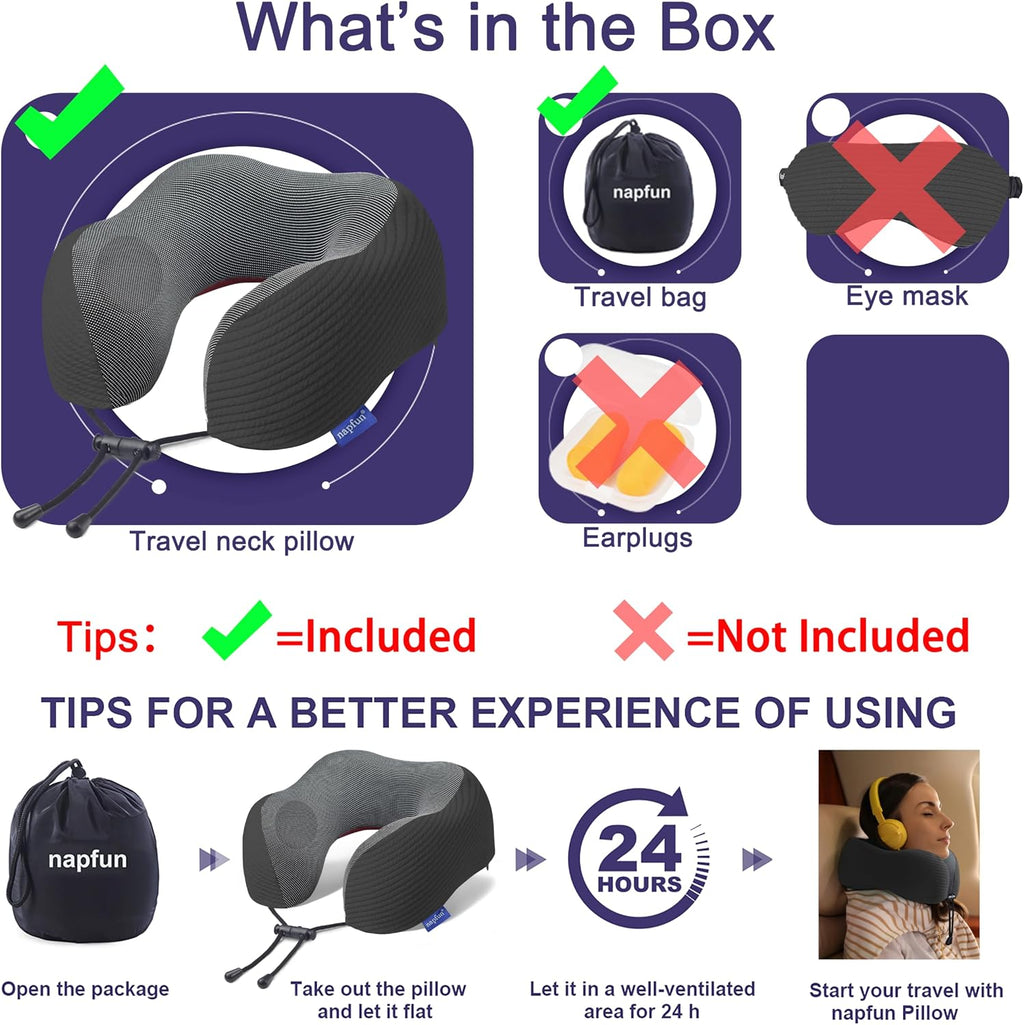 napfun Neck Pillow for Traveling, Upgraded Travel Neck Pillow for Airplane 100% Pure Memory Foam Travel Pillow for Flight Headrest Sleep…