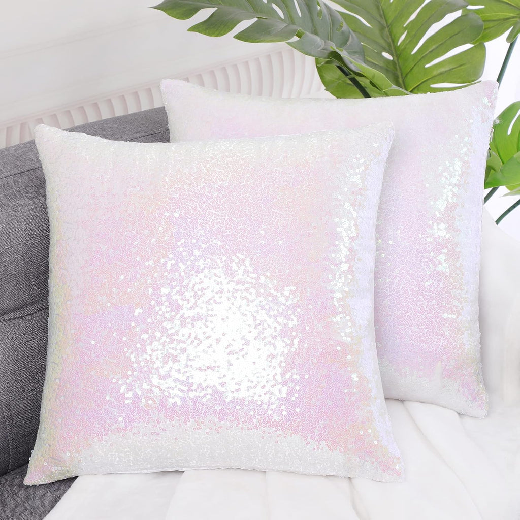 uxcell 2 Pcs Starry Pink Sequin Throw Pillow Covers, Shiny Sparkling Satin Sequin Cushion Covers, Decorative Pillowcases for…
