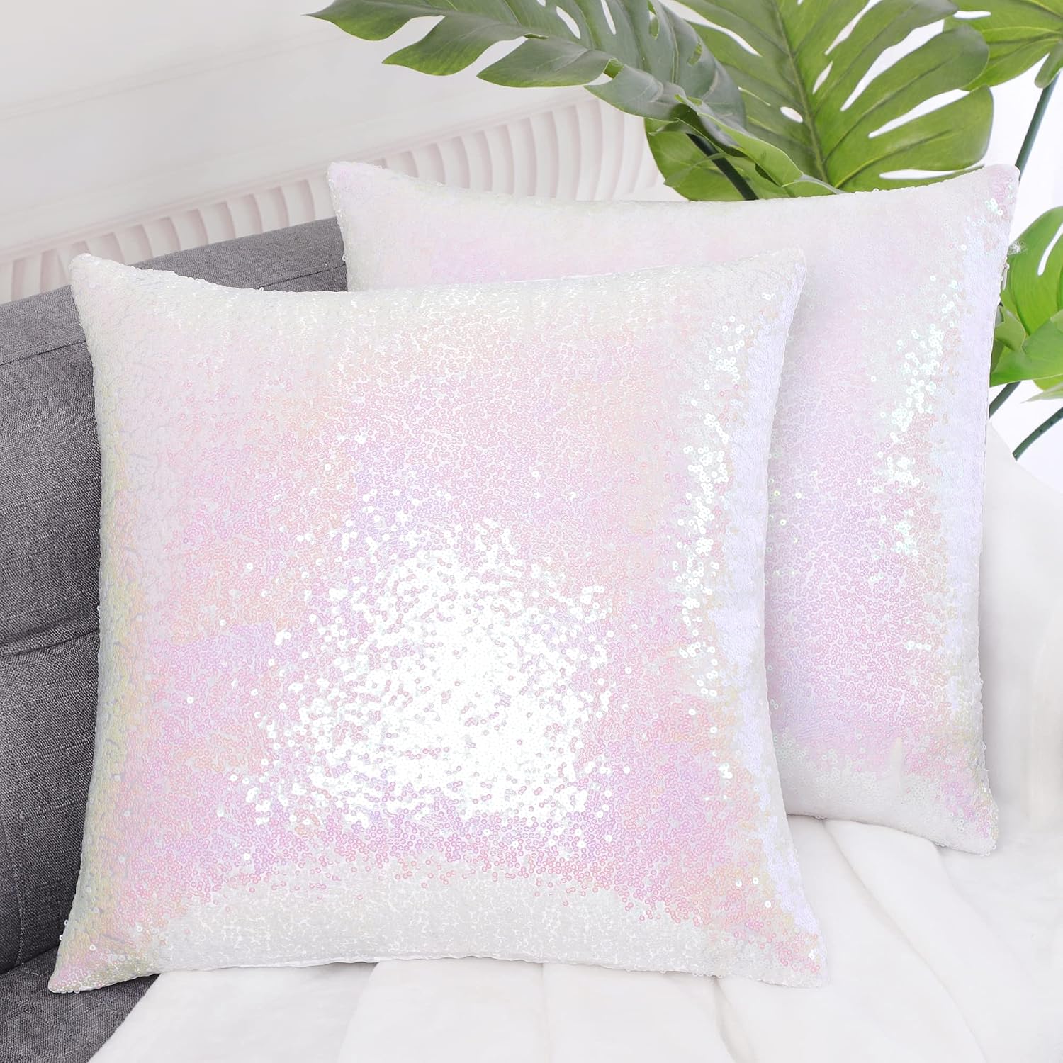 uxcell 2 Pcs Starry Pink Sequin Throw Pillow Covers, Shiny Sparkling Satin Sequin Cushion Covers, Decorative Pillowcases for…