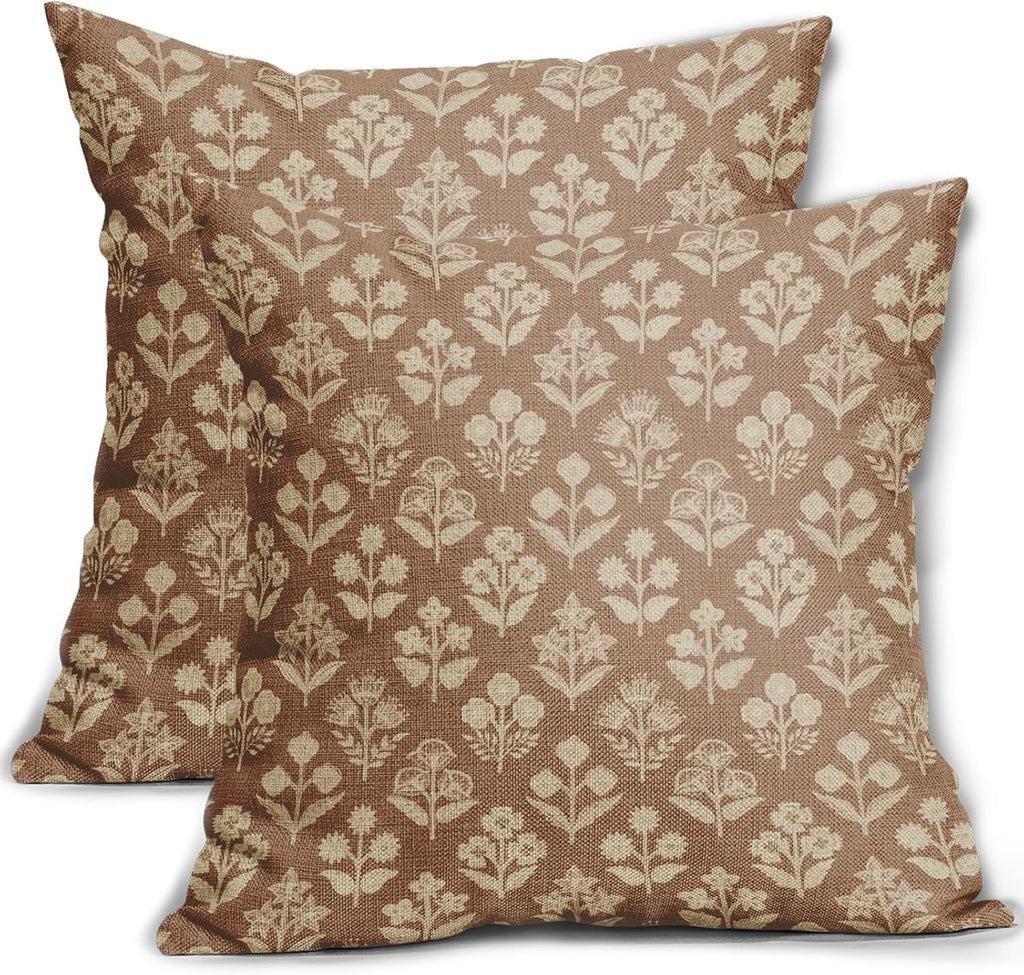Brown Floral Block Print Pillow Covers 20x20 Inch Set of 2, Vintage Flower Pattern Decorative Throw Pillowcases Outdoor Farmhouse Cushion…