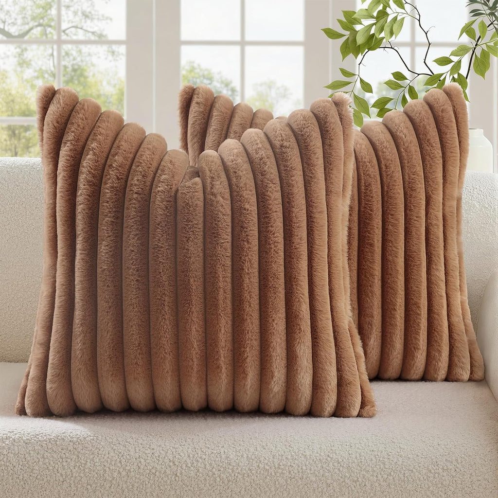 decorUhome Cozy Faux Fur Throw Pillow Covers 20x20 Set of 2 Decorative Soft Plush Striped Modern Farmhouse Boho Couch Pillow Cases with Vel…