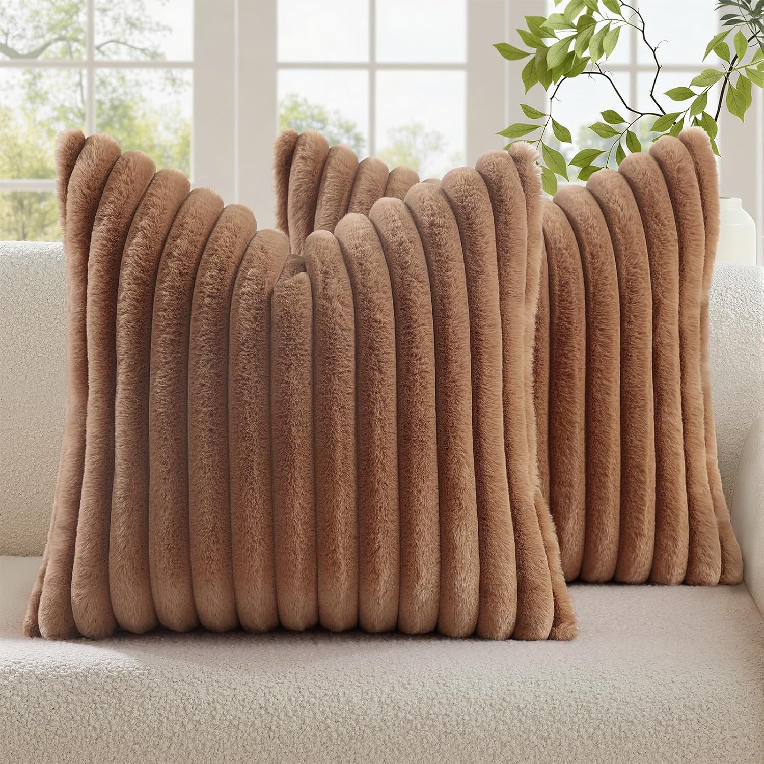 decorUhome Cozy Faux Fur Throw Pillow Covers 16x16 Set of 2 Decorative Soft Plush Striped Modern Farmhouse Boho Couch Pillow Cases with Vel…