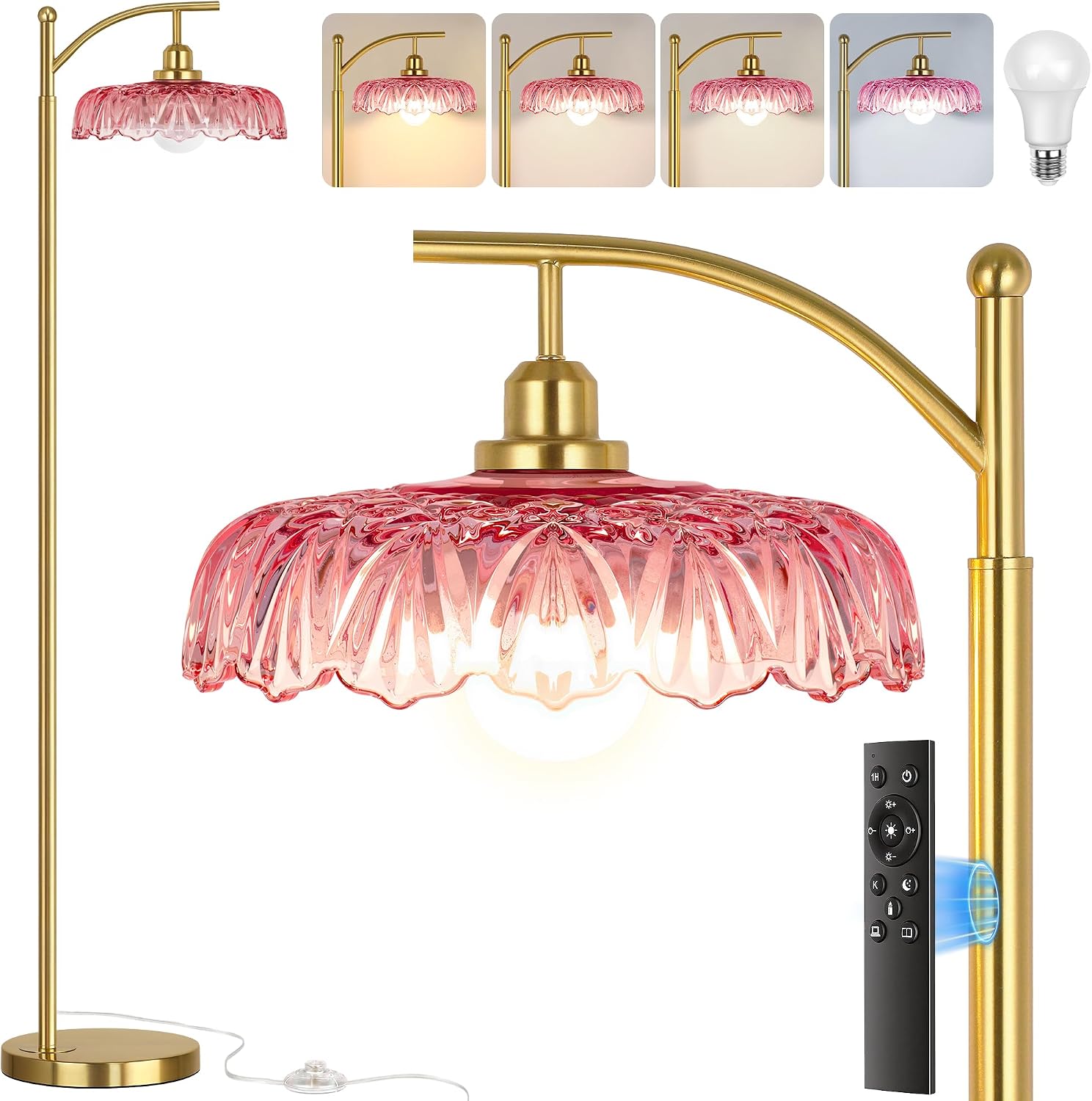 Gold Floor Lamp for Living Room, Dimmable Mid Century Modern Standing Lamp with Remote Control and Pink Glass Shade, 68" Tall Lamp for…
