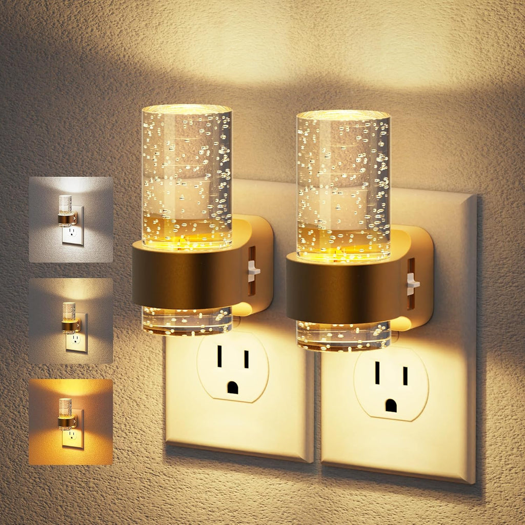 JandCase Night Lights Plug into Wall, Gold Night Light with 3 Colors, 2 Pack Dimmable Plug in Nightlight, Dusk to Dawn Sensor, Adjustable…