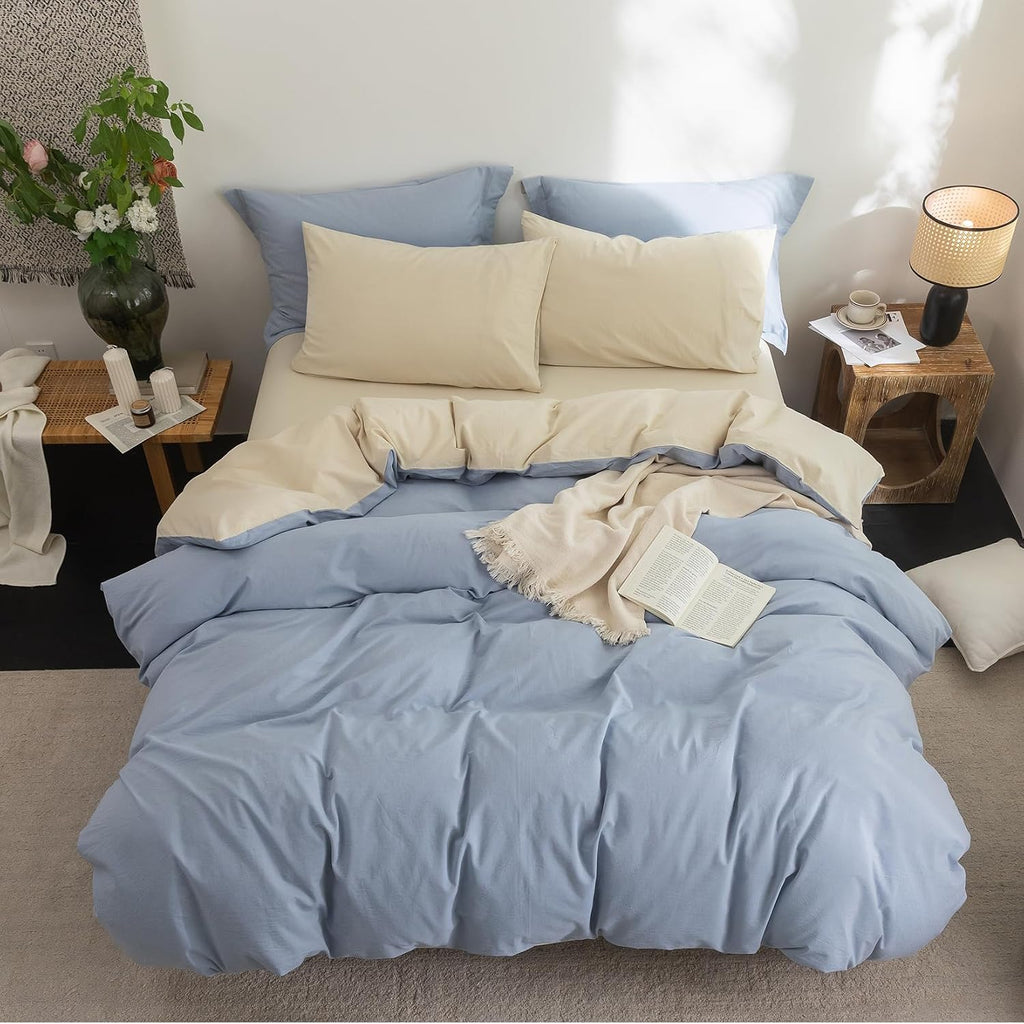 Bdear 3 Pieces Reversible Duvet Cover Set Set Twin Size 68x90 inch, 100% Washed Cotton Duvet Cover Plus 2 Pillowcases, Double Sided with IN…