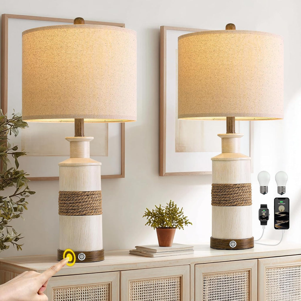 BOBOMOMO 24.5" Farmhouse Boho Table Lamps Set of 2, Hand-Woven Rattan Bedside Lamps with 3-Way Dimmable Touch Control & USB A+C Ports…
