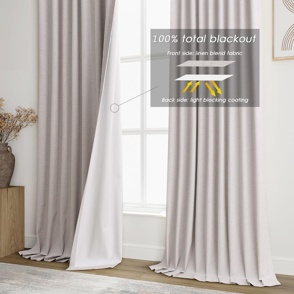 Nanspring Champagne 100% Blackout Linen Curtains 96 Inches Long for Bedroom Back Tab Thermal Insulated Modern Farmhouse Decor Black Out Cur…