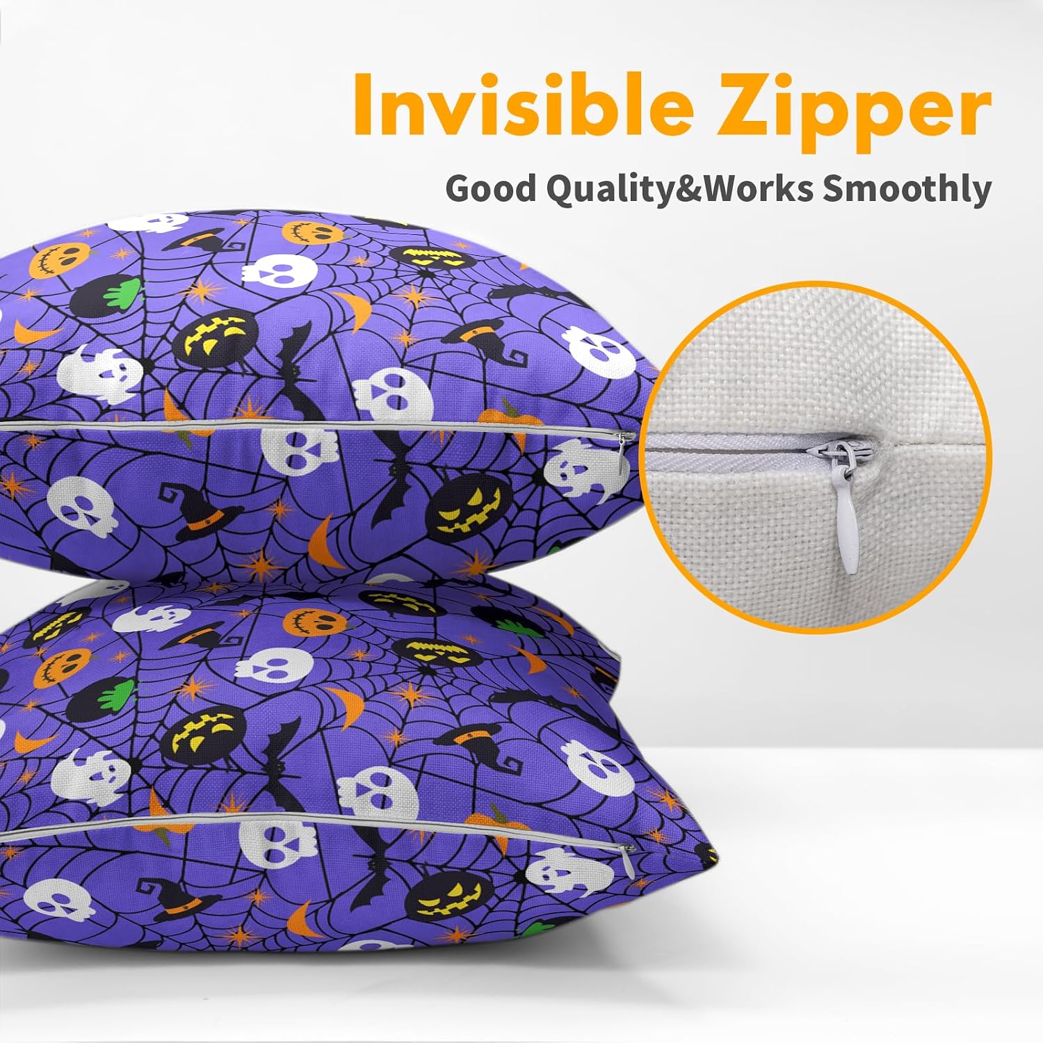 Halloween Purple Throw Pillow Covers 22x22 inch Set of 2 Humour Pumpkins Ghost Skeleton Bat Web Decorative Pillowcase Holiday Cotton…