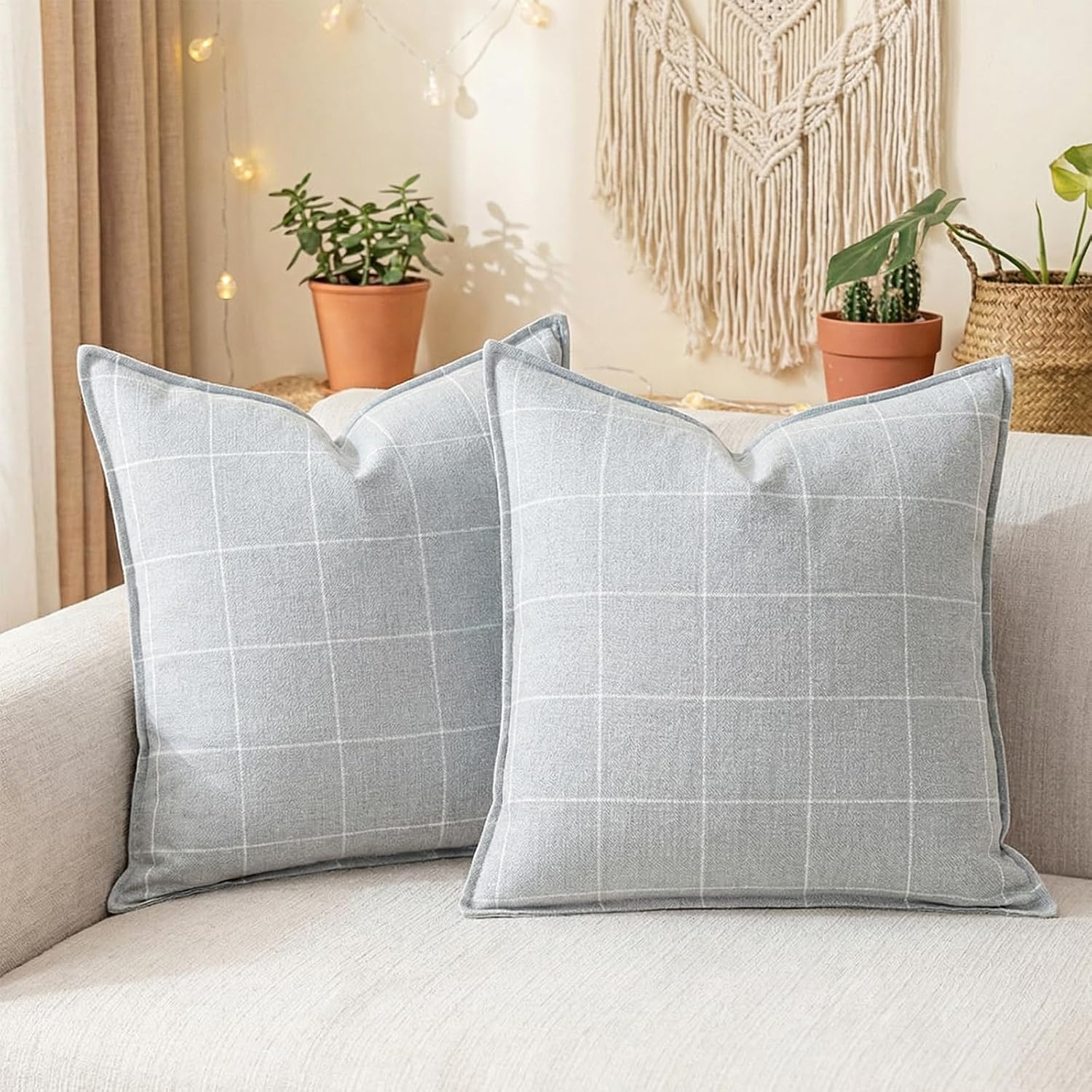 CARRIE HOME Grey Couch Throw Pillows 18x18, Gray and White Plaid Pillow Covers 18x18 Set of 2, Modern Farmhouse Boho Bedroom Decor Linen…