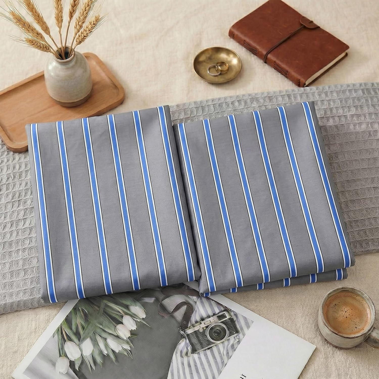 Merryword 100% Cotton Pillow Cases, King Size Pillowcases, Blue and Gray Striped Pillowcases, Soft Breathable Engineered Stripes Pillow Cov…