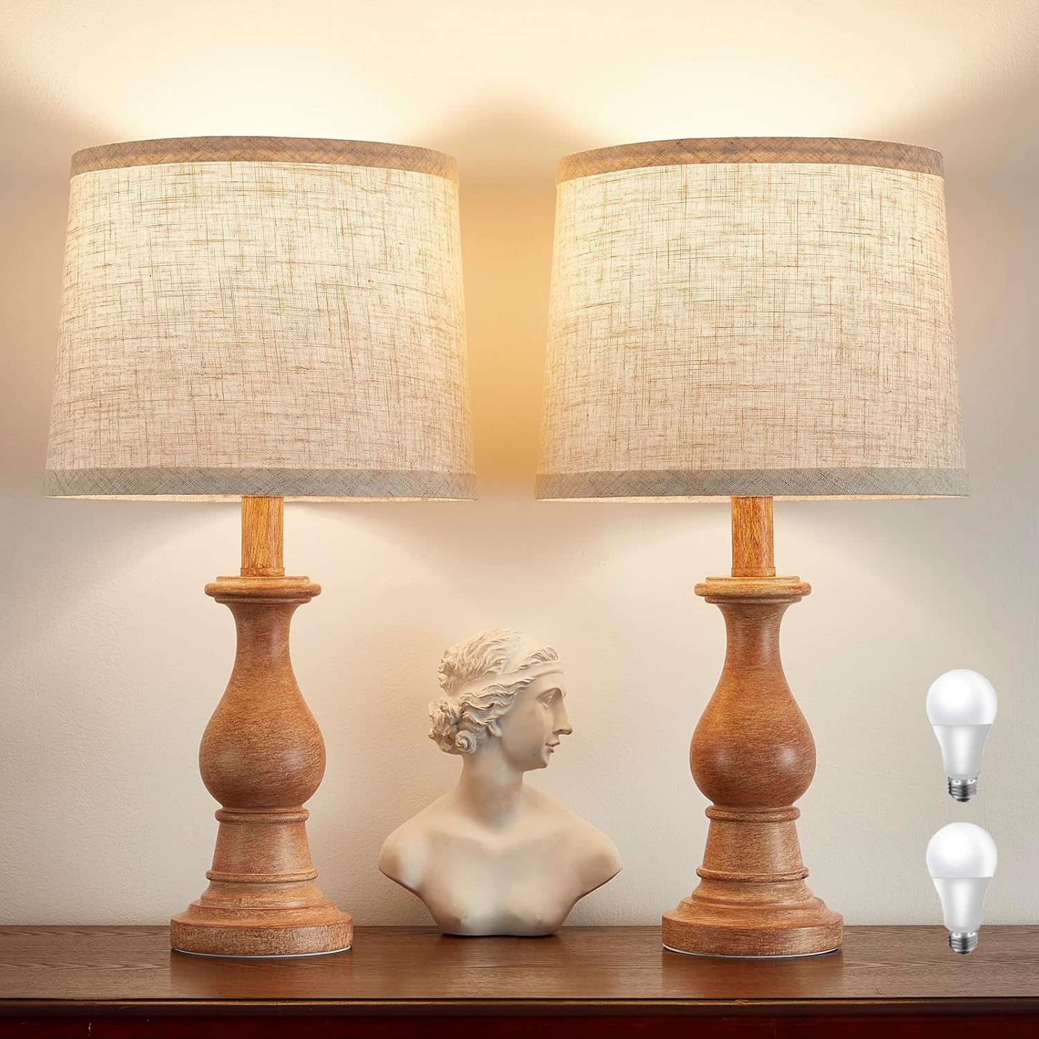 Vintage Table Lamp for Living Room Bedroom, 18.5" Farmhouse Bedside Lamps Nightstand Lamp Set of 2, Table Lamps with Oatmeal Linen Lamp…