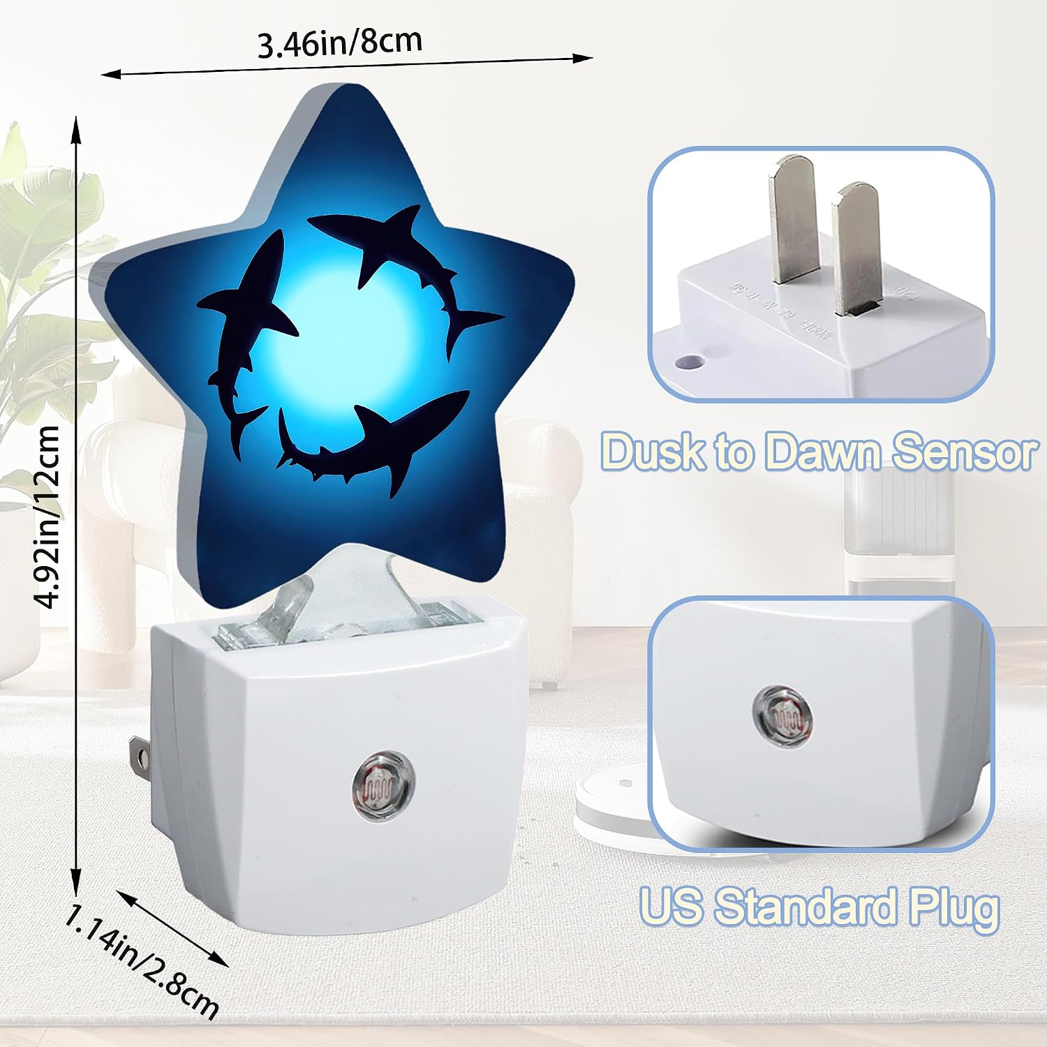 Snowmolle Night Light, Coastal Shark Plug into Wall with Dusk to Dawn Light Sensors, Blue Ocean Sea Warm Star Nightlights for Bedroom, Bathroo…