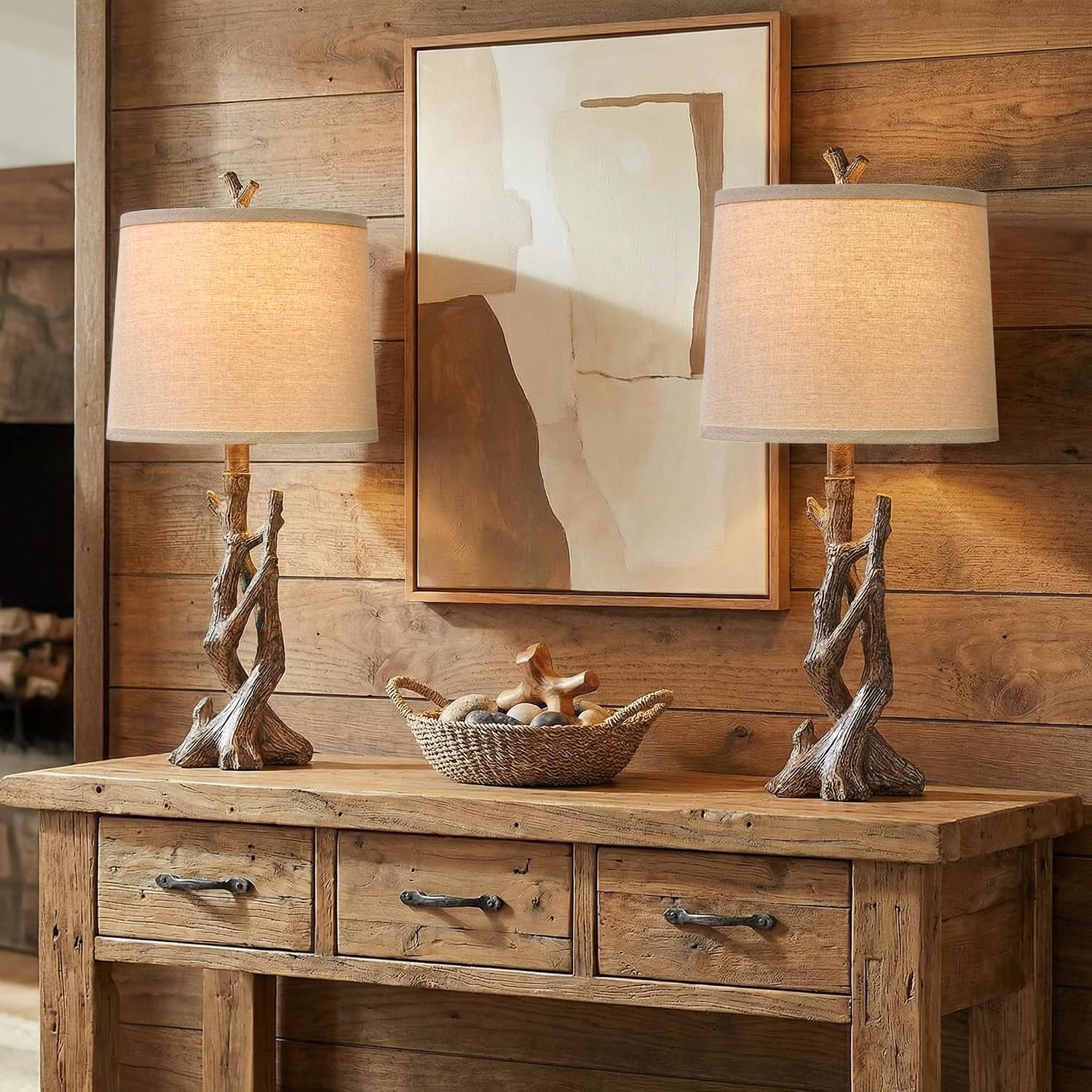 OYEARS 23" Rustic Farmhouse Table Lamp Country Cottage Lamps for Nightstand Tree Trunk Wood Grain Lamp for Bedroom Living Room with…