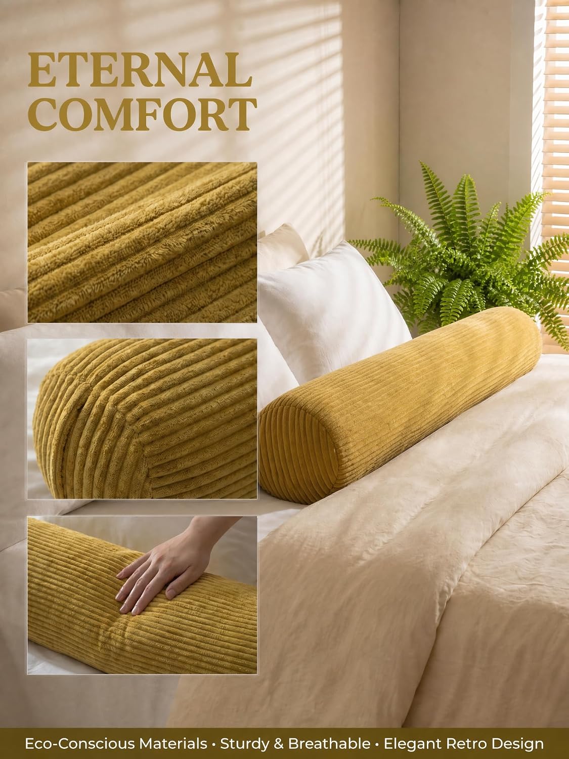 Long Cylinder Pillow–8x35.4 Inch Corduroy Lumbar Pillow, Shredded Sponge Filled for Neck, Back, Leg, Knee & Arm Support, Boho Decorative…