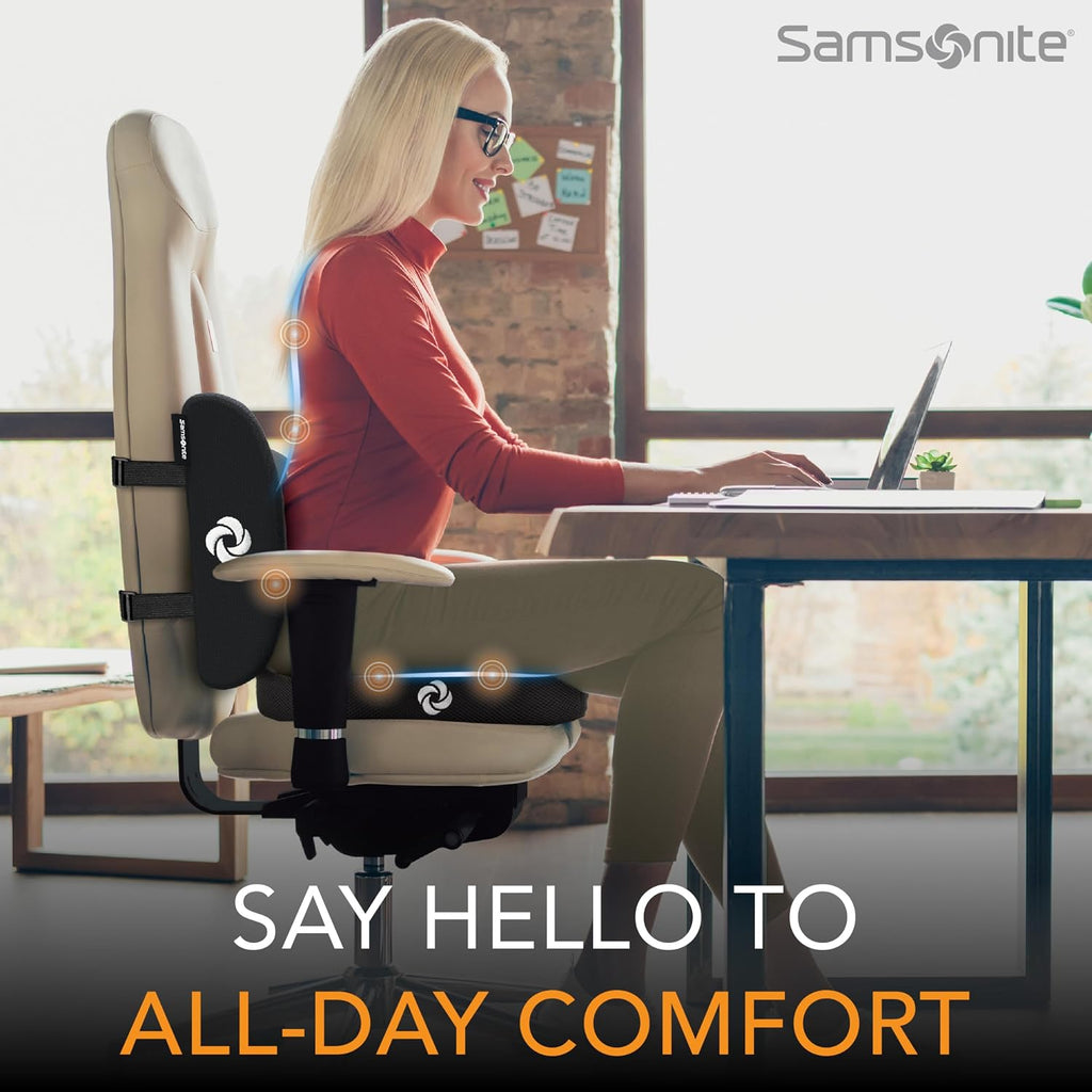 Samsonite Ergonomic Seat Cushion and Lumbar Support Cushion Combo, Memory Foam Office Chair for Back Support, Car Seat and Wheelchair…