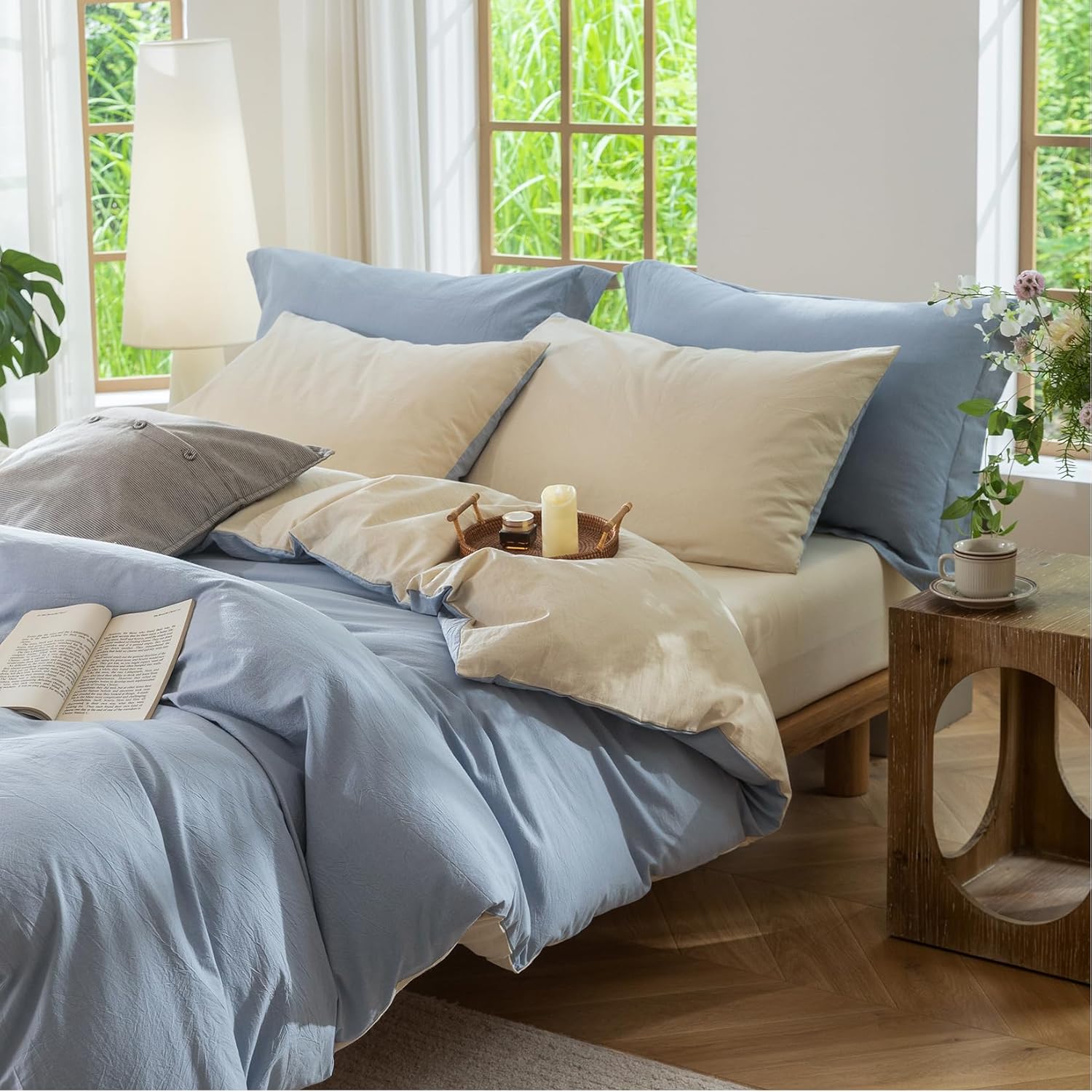 Bdear 3 Pieces Reversible Duvet Cover Set Oversized Queen Size 98x98 inch,100% Washed Cotton Duvet Cover Plus 2 Pillowcases, Double Sided w…