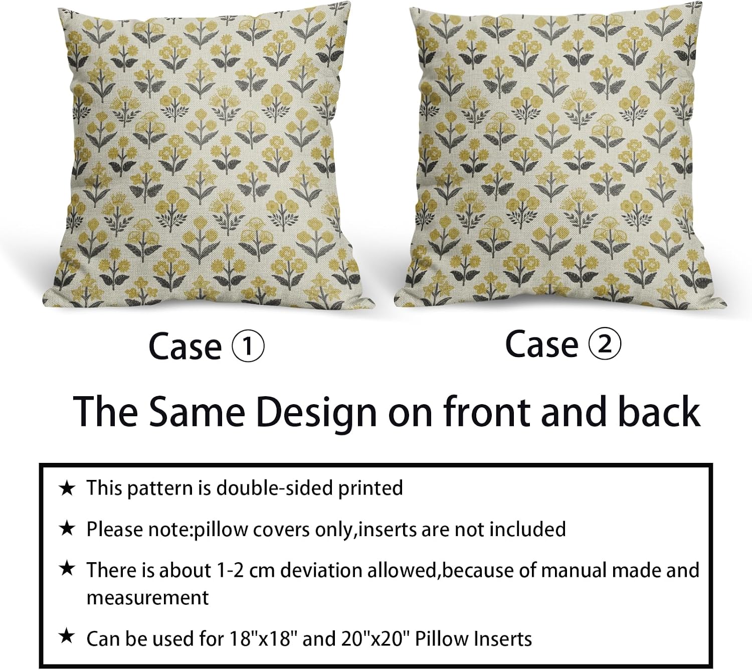 Black Yellow Floral Pillow Covers 20x20 Inch Set of 2, Vintage Flower Block Print Spring Summer Decorative Throw Pillowcases Outdoor…