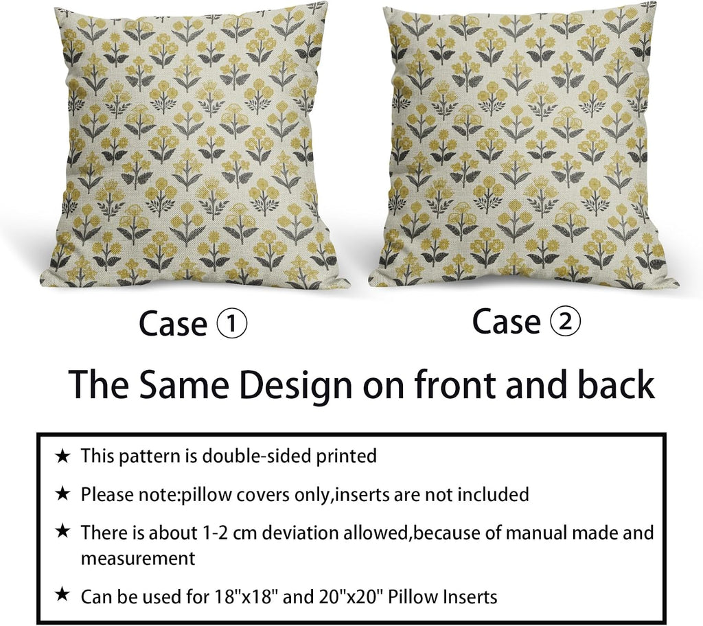 Black Yellow Floral Pillow Covers 18x18 Inch Set of 2, Vintage Flower Block Print Spring Summer Decorative Throw Pillowcases Outdoor…