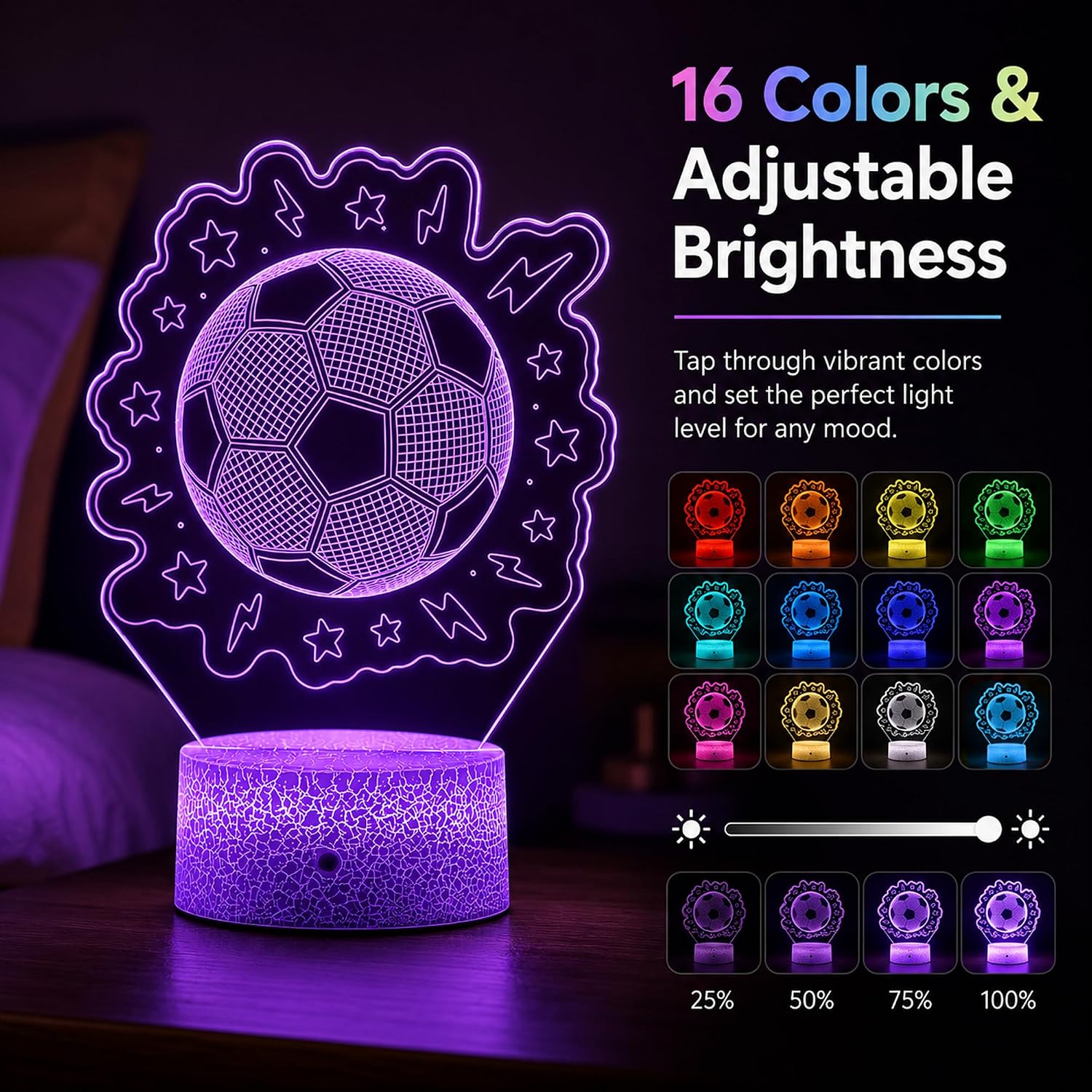 Soccer 3D Illusion Night Light, Remote, 16 Colors Changing RGB Flashing Mode Dimmable LED Lamp, Birthday Holiday Gifts for Boys Girls…