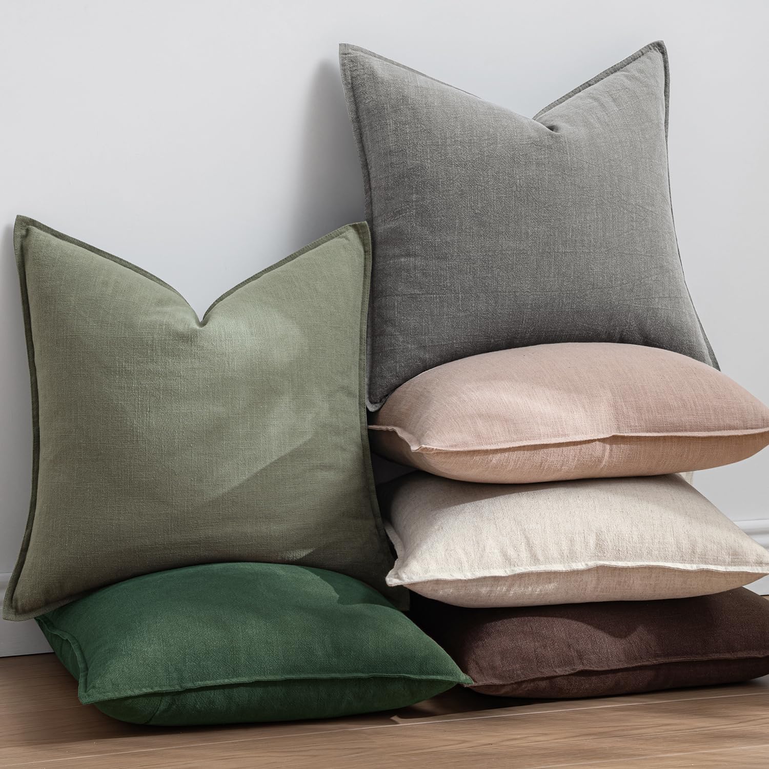EMEMA Throw Pillow Covers Decorative Linen Pillow Covers 20x20 Inch Light Olive Green Boho Farmhouse Neutral Couch Throw Pillows for Bed…