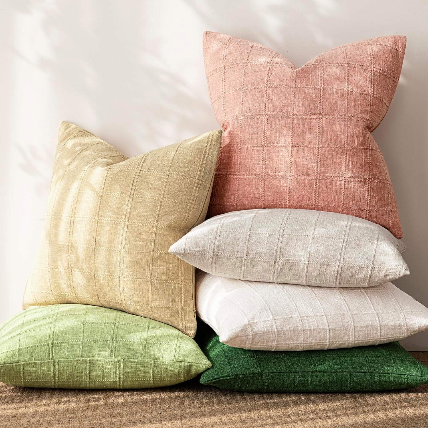Foindtower Set of 1 Decorative Linen Check Throw Pillow Cover Neutral Farmhouse Lumbar Cushion Cover Modern Boho Accent Home Decor for…
