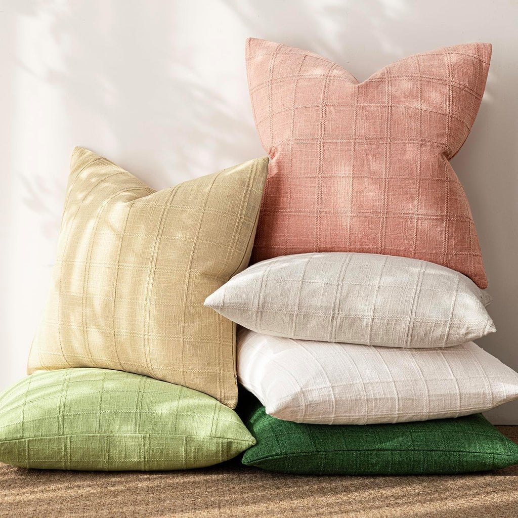 Foindtower Set of 2 Decorative Linen Check Throw Pillow Covers Neutral Farmhouse Vintage Cushion Covers Modern Boho Accent Home Decor for…