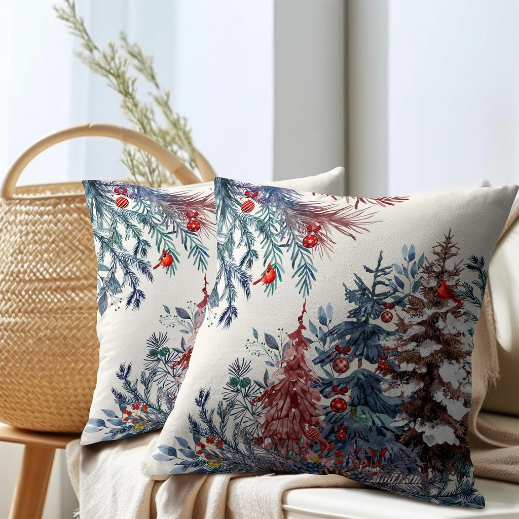 Granbey Christmas Tree Throw Pillow Covers 22x22 Inch Set of 2 Winter Watercolor Pine Trees Red Berry Bells Birds Decorative Pillowcase Xma…